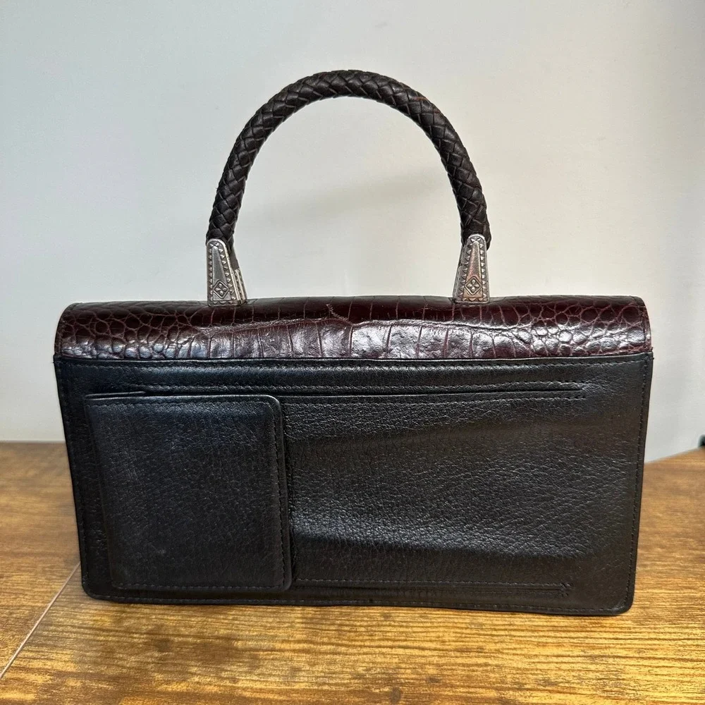 Brighton Gina Black Leather Croc Embossed Flap Handbag Braided Handle Silver